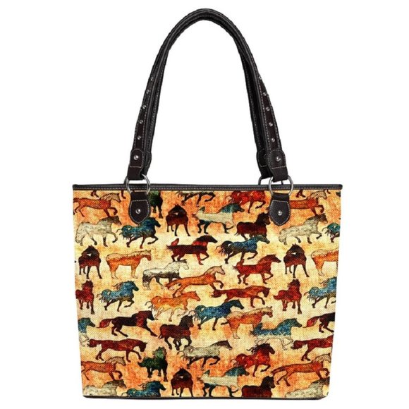 Leather Trim Horses Design Canvas Tote Bag - Picture 3 of 4
